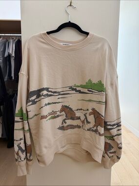 Daydreamer Beige Crewneck Sweater with Horse Landscape Print